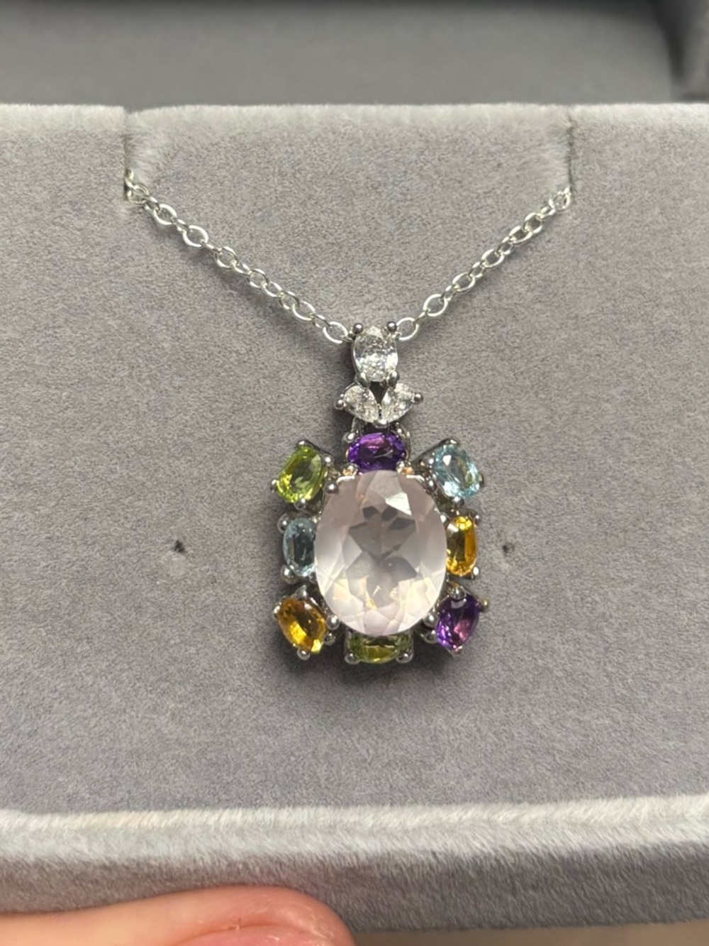 Genuine Rose Quartz, Amethyst, Citrine Peridot in Platinum 950 Pendant Necklace